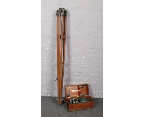 A wooden cased Hilger and Watts theodolite, with tripod.  