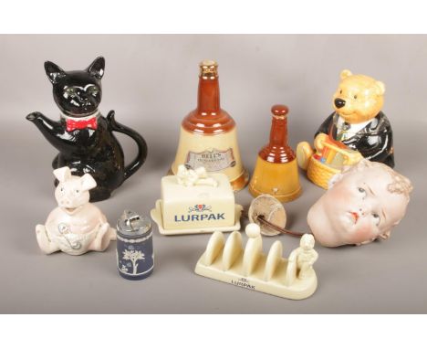 A group of assorted ceramic's, Lurpuk butter dish and toast rack, Bell's Scotch Whiskey Wade decanter, Rington's Bear Sweet J