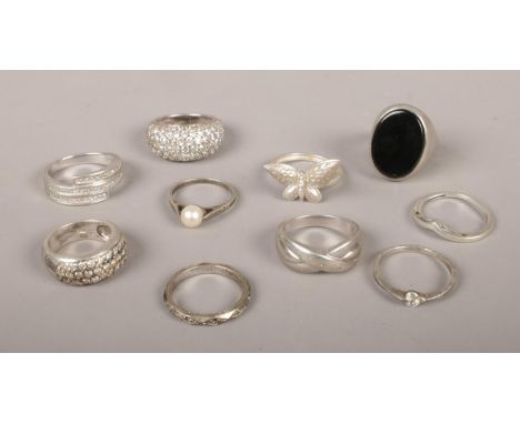 Ten silver rings, to include paste set examples.  