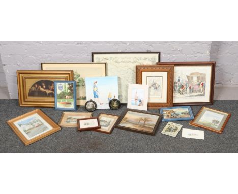 A collection of pictures and prints, to include watercolours, Frank Ruddock limited edition print, Religious example etc.  