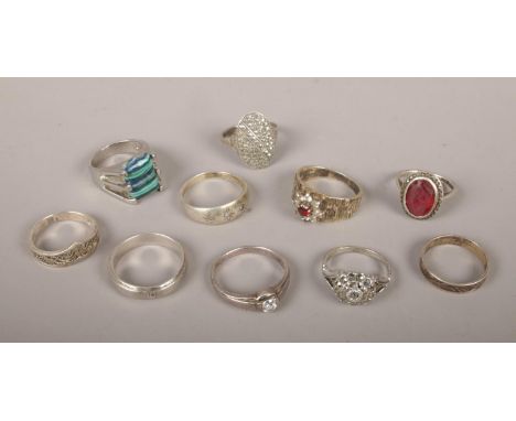 Ten silver rings, to include marcasite examples.  