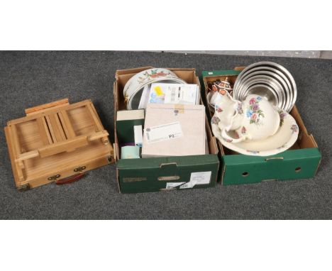 Two boxes of miscellaneous, Royal Worcester 'Evesham' Tureen, Jug &amp; wash bowl, mixing bowls to include Art Easel with sto