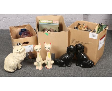 Three boxes of miscellaneous, mainly ceramic figurines, vases, tea pot, mantel dogs etc  