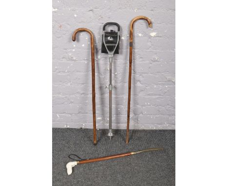 A small bundle of sticks to include shooting stick, silver collared example etc.  
