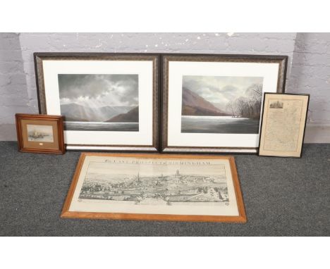 A collection of pictures, to include large pair of framed John Wood signed limited edition prints, engraved map of Shropshire