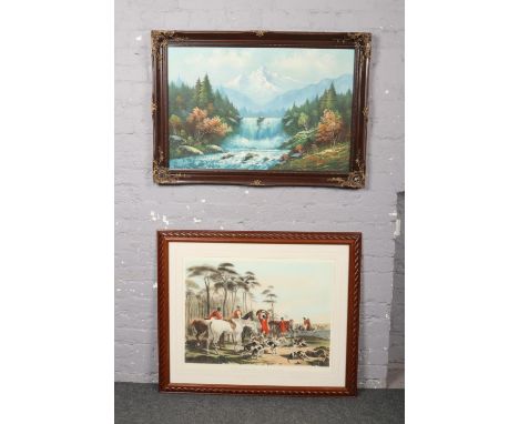 A large framed oil on canvas, alpine landscape scene (59cm x 90cm), along with a large framed hunting print.  