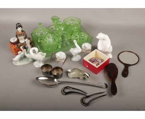 A mixed lot to include Lladro, Nao, silverplate, uranium glass dressing table set etc.  