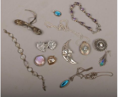 A box of silver jewellery including a teardrop amethyst bracelet, moonstone and butterfly wing pieces etc.  