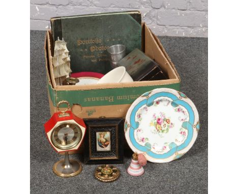 A box of miscellaneous, Pedestal clock, Vintage rolling pin, Album of photographs, ceramic perfume bottle etc  