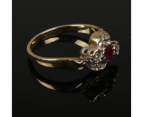 A 9 ct Ruby &amp; Diamond crossover ring, size L, 2.7g  