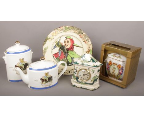 A Ringtons centenary teapot and caddy, Ringtons Golden Jubilee caddy a Royal Doulton Jester plate and a Masons mantel clock. 