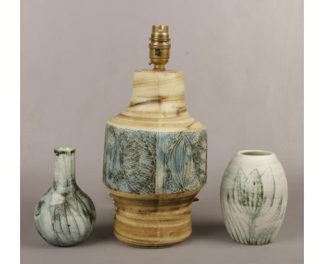 A Carn pottery abstract tablelamp by John Beusman along with a bottle vase and an ovoid vase. Lamp 24.5cm not including furni