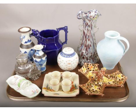 A mixed tray of ceramics and glass, to include Zsolnay, orientalwares, art glass vase etc.  