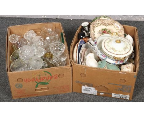 Two boxes of miscellaneous, Denby, Copeland &amp; Garrett examples, cut crystal vases, cake stand, ceramic plates etc  