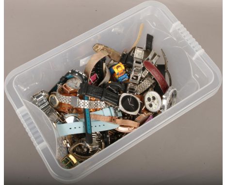 A box of mostly quartz wristwatches to include Timex etc.  