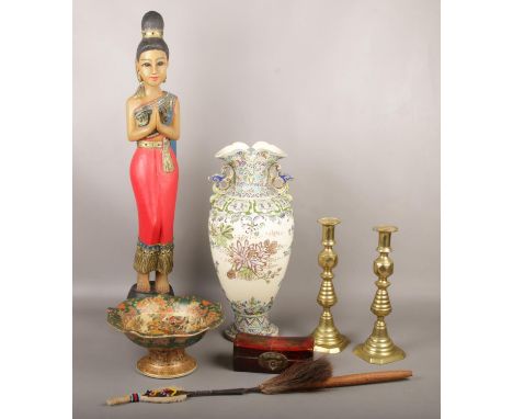 A group of oriental style wares, ceramic vase, wooden figurine, brass candlesticks etc  