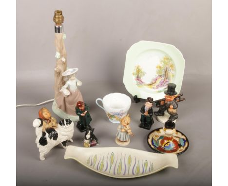 A group lot of ceramics to include Nao table lamp, Geobel figures, Royal Doulton figures, Shelley, etc.  