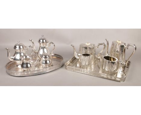 A J.H.Potter silverplate and ivory teaset on tray, along with another silver plate teaset on presentation tray.  