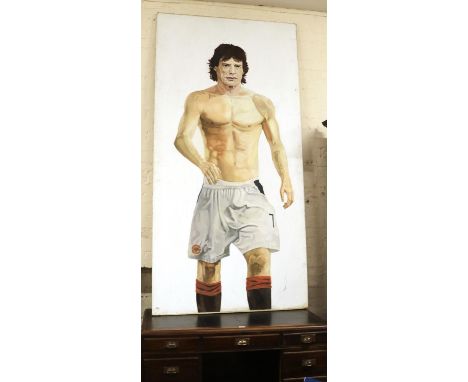 A large oil on box canvas. Portrait of Rolling Stones Mick Jagger with the body of David Beckham during his Manchester United