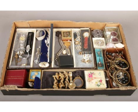 A box of collectables to include costume jewellery, hip flask, miniature photo frame etc.  