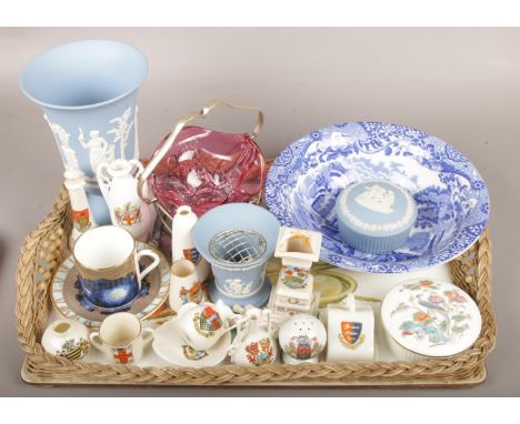A tray of ceramics to include Wedgwood Jasperware, crested ware, Royal Worcester Millennium cup and saucer etc.  