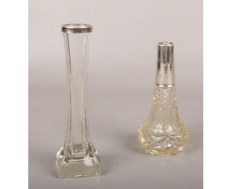 A glass rose vase with silver collar assayed Birmingham 1901 to include scent bottle  