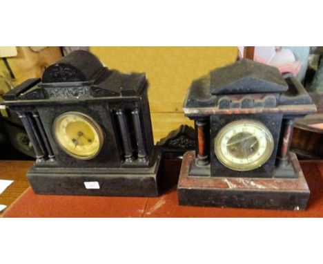 A Victorian Mantel Clock with ivorine dial in architectural style black slate case, 13 1/2" (35cms) high and a smaller slate 