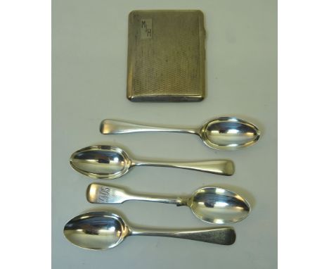 An engine turned silver Cigarette Case, engraved with initials and four various silver teaspoons.  (5.3ozs).