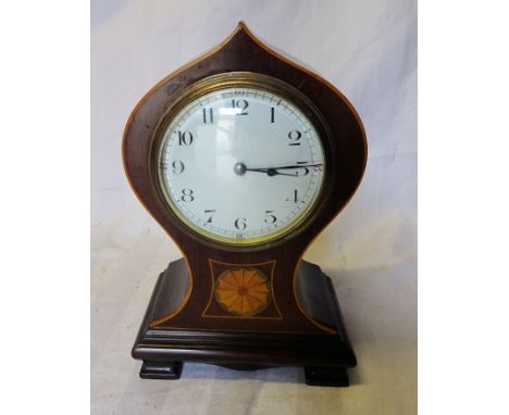 An Edwardian Mantel Timepiece with white dial in an inlaid mahogany case and on bracket feet.  8 1/2" (22cms) high. 