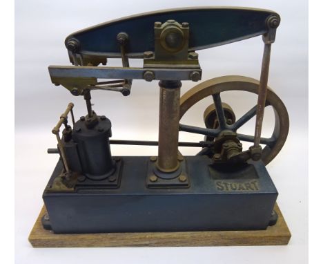 A Stuart Live Steam Model Beam Engine in green livery on a wooden base.  12" (31cms) high x 14" (36cms) wide. 