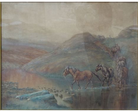 GLADYS M E DYSART; Highland Ponies by lake, Watercolour, signed and dated 1907, 19" (49cms) x 27" (69cms) and a coloured prin