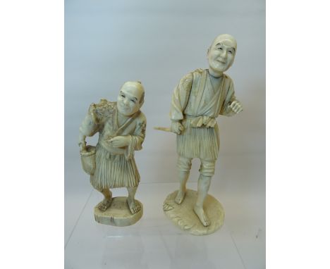 A late 19th Century Japanese carved ivory figure of a man holding a stick and with a bag over his shoulder, signature mark to