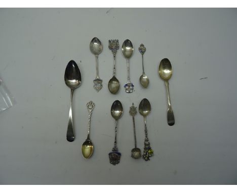 Eight various silver and enamel Souvenir Spoons, three silver teaspoons, butter knife etc.