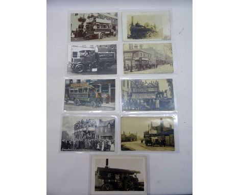 A collection of twenty five Vintage Postcards of buses, trams and traction engines including Warrington Corporation Tram, the