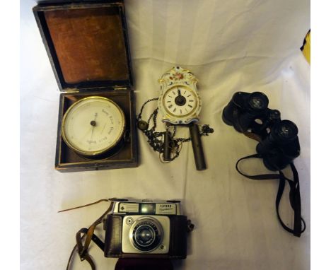 A miniature Wall Clock by M Drukker with porcelain dial (a/f), an aneroid barometer in brass case and wooden box, pair of bin