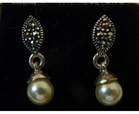 A pair of pearl and marcasite pendant Earrings. 