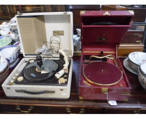 AN ITALIAN HMV PORTABLE GRAMOPHONE (model 101) in a red leather case with gilt fittings and a Vintage 'Supravox' electric rec