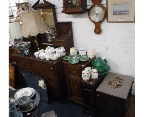 AN EDWARDIAN MAHOGANY DRESSING TABLE, with marquetry decoration, matching pot cupboard, a similar Sutherland table, a piano s