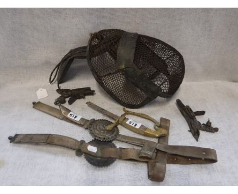 A VINTAGE FENCING MASK, two Flintlock side plates and other items