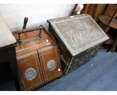 A VICTORIAN WALNUT COAL SCUTTLE with opening doors operated by the handle, a Victorian beadwork tray, a brass log box, a smal