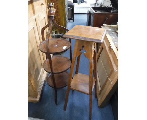 AN EDWARDIAN MAHOGANY CAKE STAND and a walnut plant stand