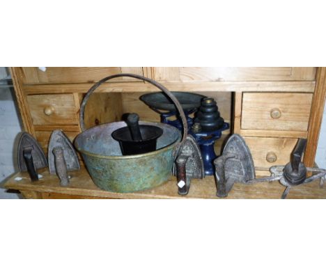 A BRASS JAM PAN, a collection of Vintage flat irons and Kitchenalia