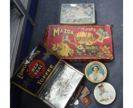 A COLLECTION OF VARIOUS VINTAGE TINS including an Edmondson's Toffee Briefcase Tin and a Mazda Disney Lights 12 Lamp Outfit i