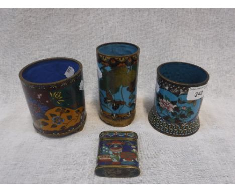 THREE JAPANESE CLOISONNE ENAMEL VASES and a small pot and cover, late 19th/early 20th century