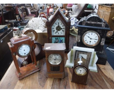 A VICTORIAN SLATE CASED MANTEL CLOCK, a Gothic style American mantel clock and a collection of clocks