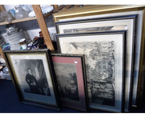 A 19TH CENTURY MEZZOTINT PORTRAIT OF A GENTLEMAN, an 18th Century topographical print and other prints