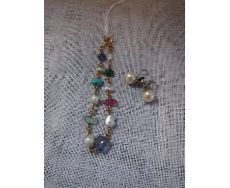 A 9CT YELLOW GOLD PEARL AND SEMI-PRECIOUS STONE BRACELET and a pair of 9ct yellow gold and pearl earrings