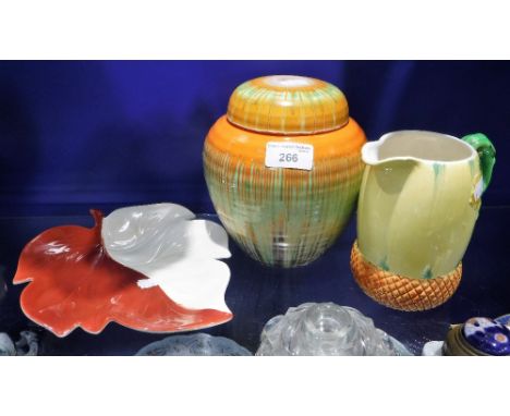 A SHELLEY PORCELAIN JAR AND COVER, a Carltonware leaf dish and a similar jug (3)