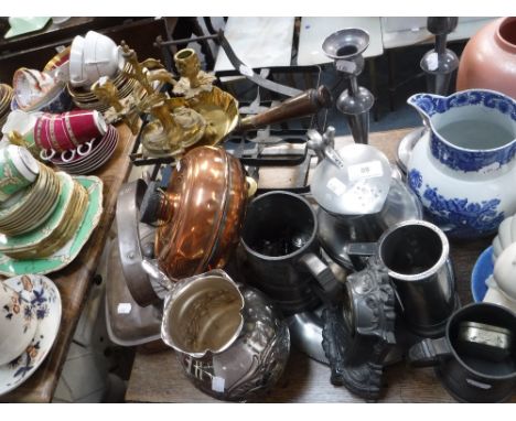 A VINTAGE IRON MILK BOTTLE HOLDER, an ormolu candlestick, a collection of pewter and similar metalware