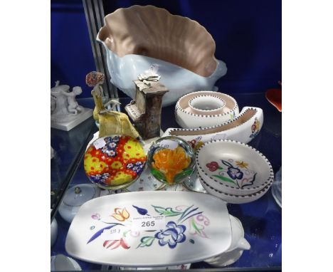 A COLLECTION OF VARIOUS POOLE POTTERY and other similar items including two glass paperweights 
